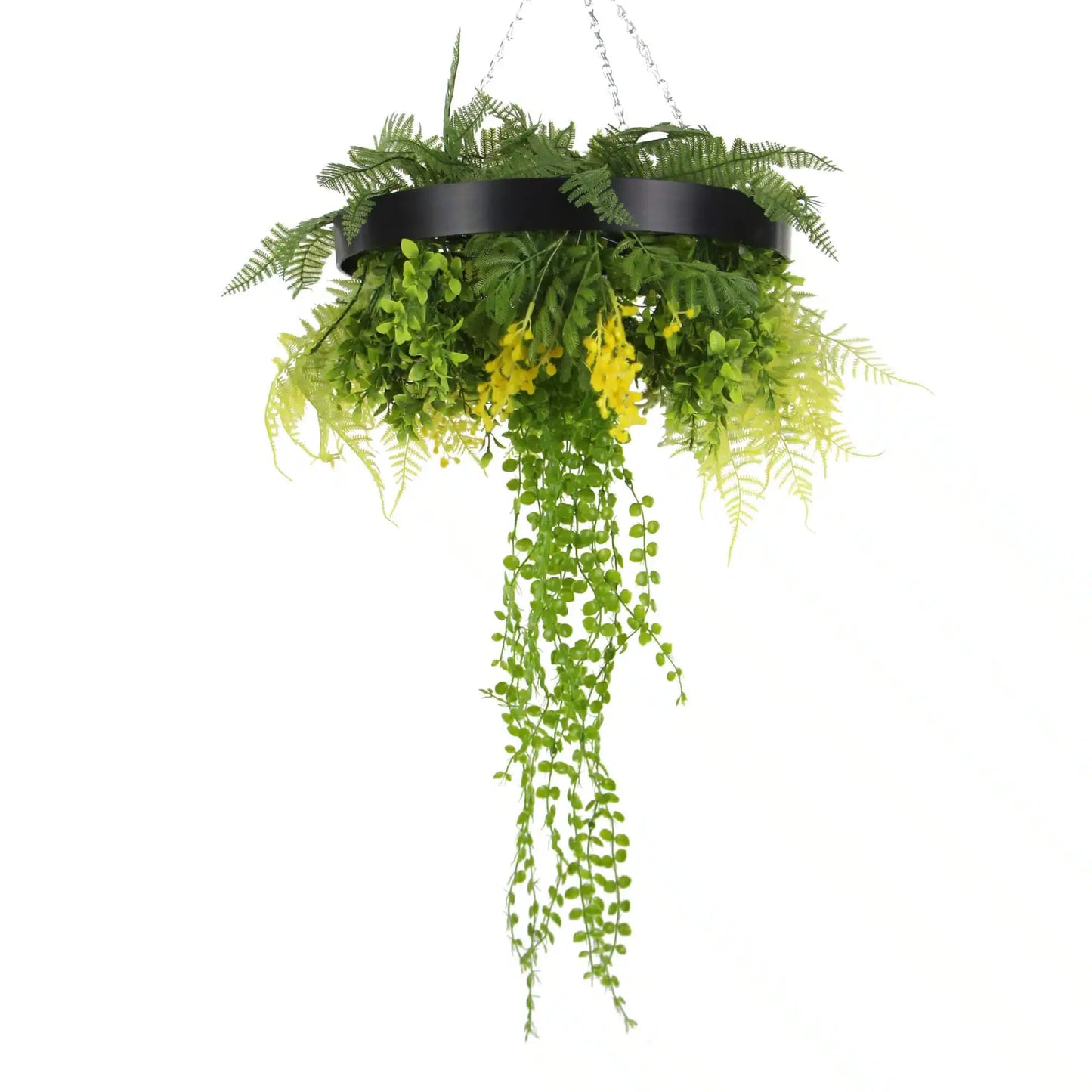 Black Framed Roof Hanging Disc With Draping Faux Plants 15.5"