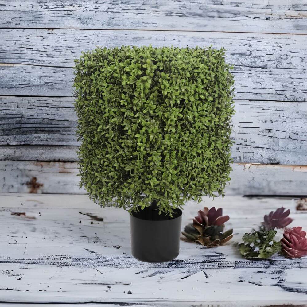 Premium Potted Artificial Square Topiary Plant 21" - UV Resistant / Outdoor Proof