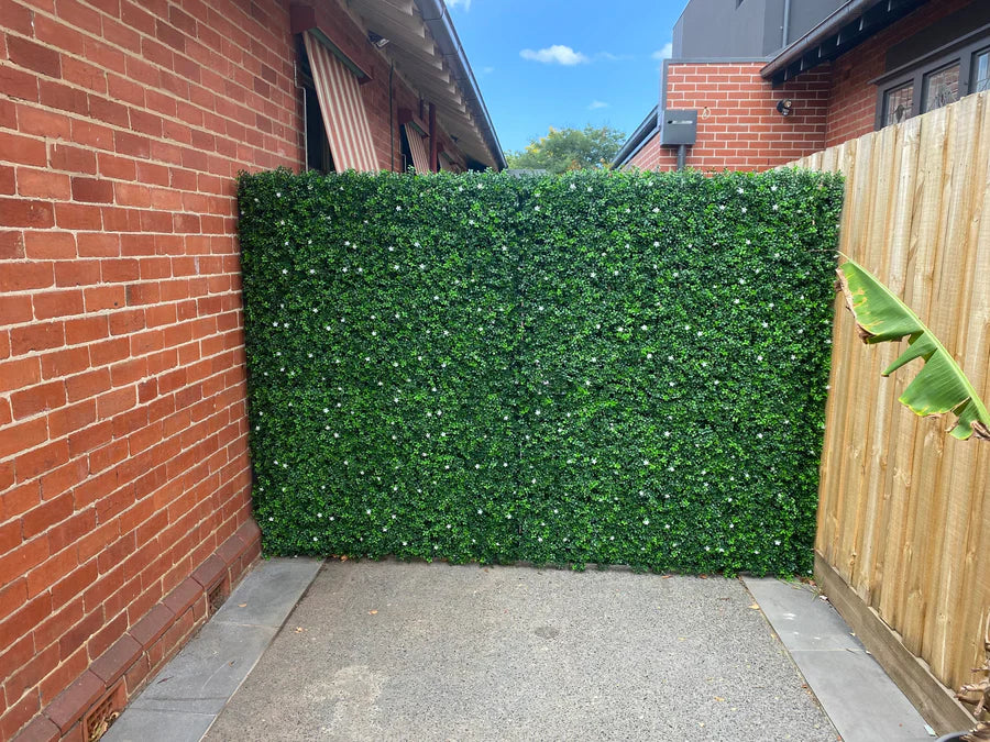 White Flowering Artificial Boxwood Wall 40" x 40" 11SQ FT Commercial Grade UV Resistant