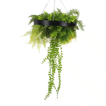 Black Framed Roof Hanging Disc With Draping Faux Plants 15.5"