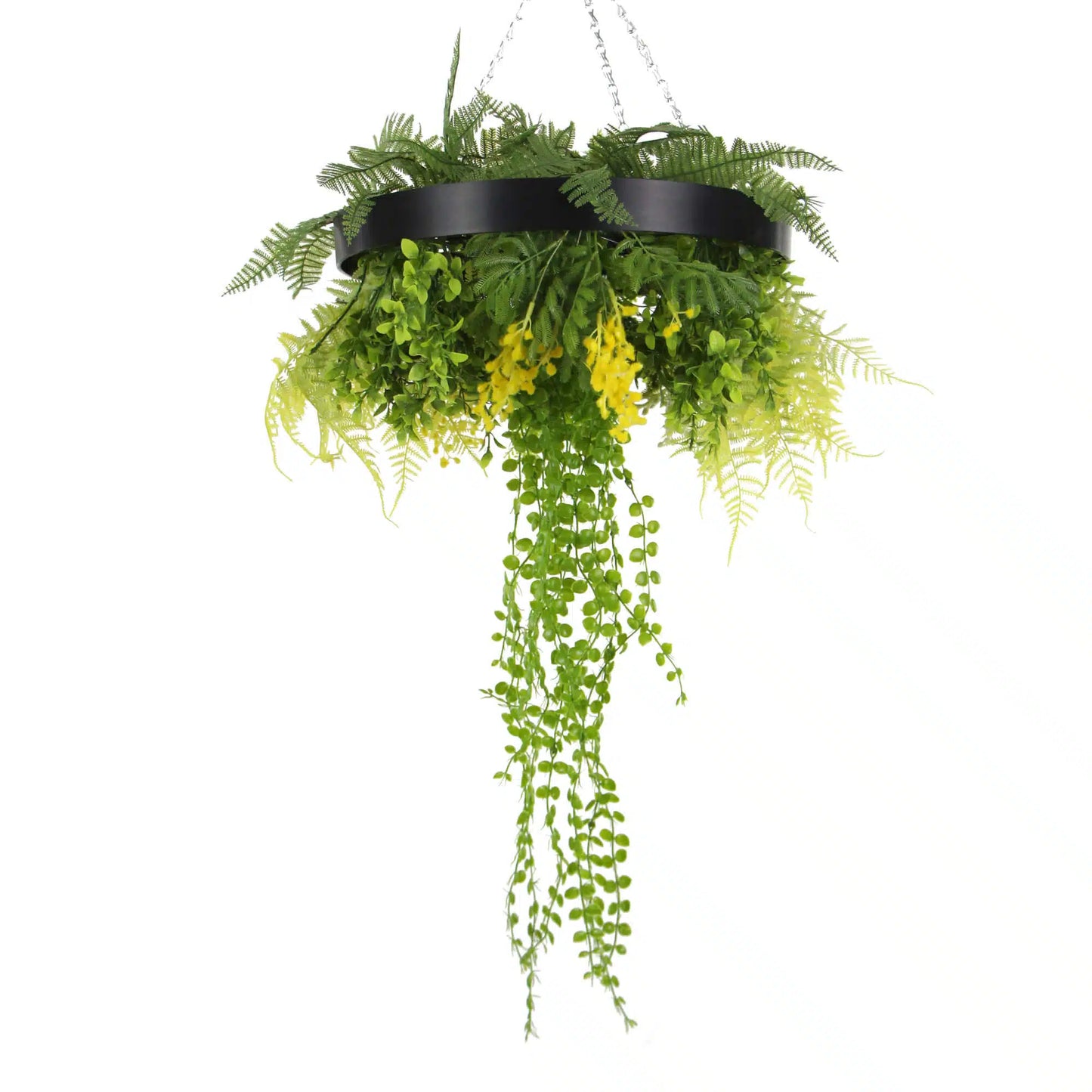 Black Framed Roof Hanging Disc With Draping Faux Plants 15.5"