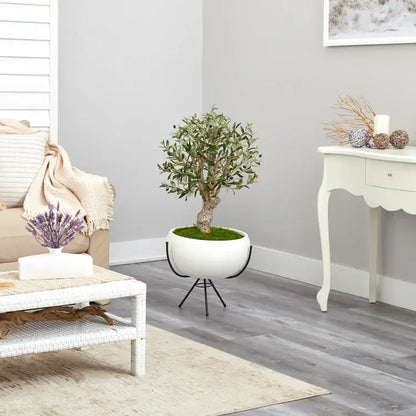 3' Olive Artificial Tree in White Planter with Metal Stand