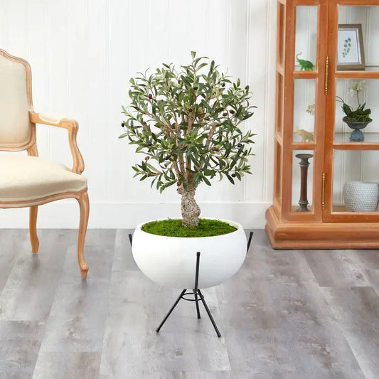 3' Olive Artificial Tree in White Planter with Metal Stand