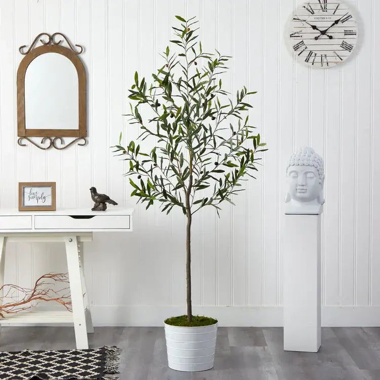 70" Olive Artificial Tree in White Tin Planter