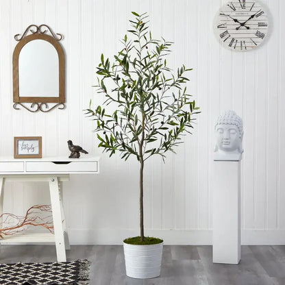 70" Olive Artificial Tree in White Tin Planter