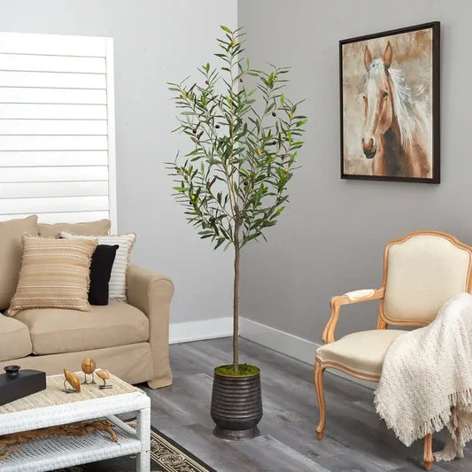 75" Olive Artificial Tree in Ribbed Metal Planter