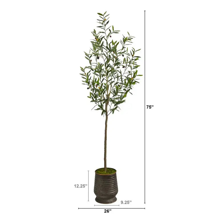 75" Olive Artificial Tree in Ribbed Metal Planter