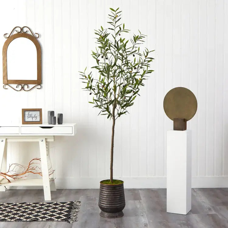 75" Olive Artificial Tree in Ribbed Metal Planter