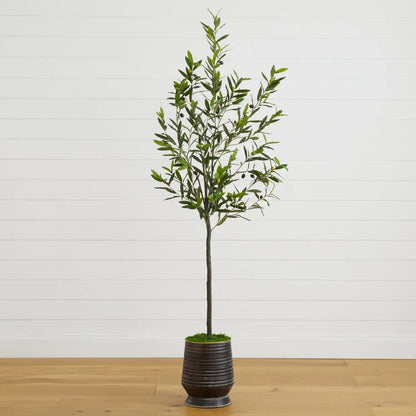 75" Olive Artificial Tree in Ribbed Metal Planter